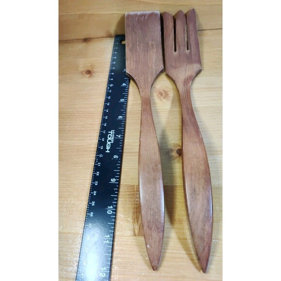 Vintage Wooden Salad Utensils Fork 12" Serving Set Made in Canada MCM Style Read - Picture 7 of 8